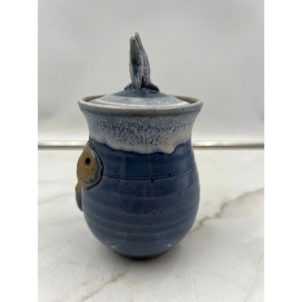 Studio Pottery Fish Canister Blue Glazed Stoneware Nautical Jar with Lid